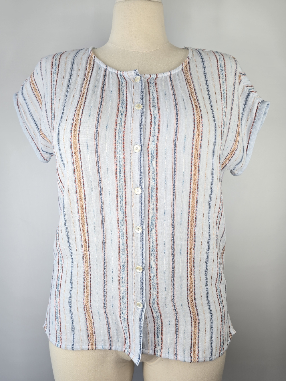 Carbon2Cobalt Coastal Textured Cotton Embroidered Stripe Button Front Top Size L